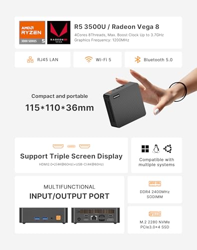 C5 Mini PC 11 Pro, Ryzen 5 3500U, 8GB DDR4 256GB NVMe SSD, Triple 4K Display Mini Computer, Dual HDMI & Full Function USB-C, Small Desktop PC with WiFi, Bluetooth, Gigabit Ethernet for Home Office - color: Pure Black