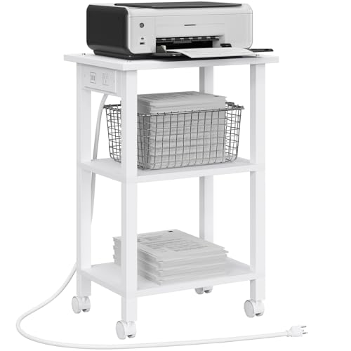 TUTOTAK Printer Stand, 3 Tier Rolling Printer Cart with Charging Station | Small Under Desk Printer Table with Wheels for Small Space, Office, Home, White PS02BW001 - color: White, size: 3 tier(15.7 x 11.8 x 23.6inchs)