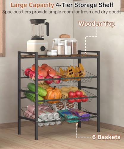 4-Tier Fruit and Vegetable Storage Rack with Wood Top & 6 Removable Baskets, Small Kitchen Island, Pantry Floor Organizer Stand Shelves for Onion Potato Snack Storage, Black - style: 6 Baskets-Black