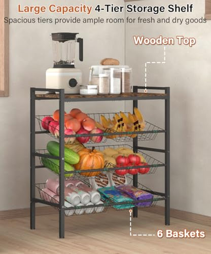 4-Tier Fruit and Vegetable Storage Rack with Wood Top & 6 Removable Baskets, Small Kitchen Island, Pantry Floor Organizer Stand Shelves for Onion Potato Snack Storage, Black - style: 6 Baskets-Black