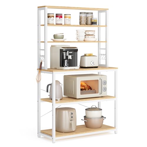 VASAGLE Coffee Bar, 31.5 Inches Baker's Rack for Kitchen with Storage, 6-Tier Kitchen Shelves with 6 Hooks, Microwave Stand, Modern, Golden Oak and Cloud White UKKS019W09 - color: Golden Oak + Cloud White, size: 31.5"W, style: No Power Outlet