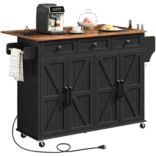 RALGEND Kitchen Island with Drop Leaf & Power Outlet, Rolling Kitchen Island Cart On Wheels, Barn Door Kitchen Island Table with Storage, Island Table for Kitchen, Black and Rustic Brown - color: Black + Rustic Brown