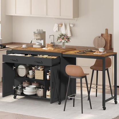 YATINEY Extendable Kitchen Island, Large Mobile Kitchen Storage Island, Rolling Kitchen Cart with Outlets, Island Table for Kitchen, Rustic Brown ZD03UBR - color: Rustic Brown + Black