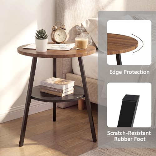 Small Round Side Table, End Tables Living Room, Walnut | 2-Tier Side Table with Storage Shelf for Small Spaces, Bedside Accent Table for Living Room, Bedroom, Metal Frame & Wood Top - color: Walnut