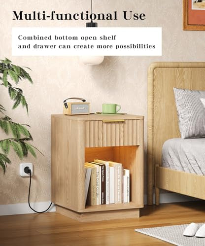Akxomel Fluted Nightstand, Wooden Night Stand with Charging Station and LED Light, Modern Mid Century End Table with Drawer, 15" D x 15.7" W x 22.6" H, for Bedroom, Natural Oak - color: Natural Oak