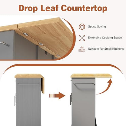 JY QAQA 42" Kitchen Island with Storage on Wheels, Rolling Table with Drop Leaf, Drawers, Cart Handle for Towel Rack or Free Movement, Gray - color: Grey