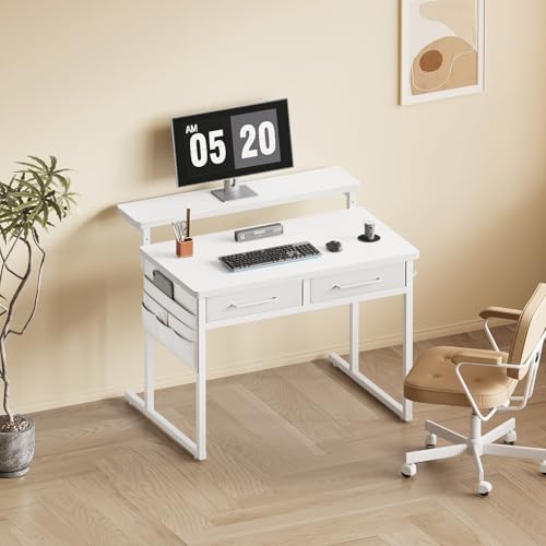 Maihail Small desk with Drawers, 31.5X15.8-22.9 Inches Office Computer Desk with Side Pocket & Ergonomic Adjustable Monitor Stand, Writing Table for Small Spaces, Kids desk, vanity desk Bedroom, White - color: White, size: 32Inch