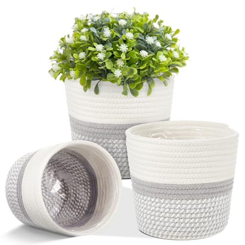 FoldTier 3 Pack Cotton Rope Plant Baskets with Plastic Liner, 7.5 x 6.5 Inch Woven Indoor Planter Basket for 6 Inch Pots, Rustic Boho Plant Pot Covers for Home Shelf Table Decor(White, Gray) - color: White, Gray