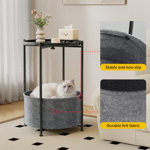 Small Round Side Table with Felt Storage Basket and Removable Tray | Accent Table, Metal End Table with Adjustable Feet, Side Table for Nursery, Bedroom, Living Room, Laundry Room, Black - color: Black