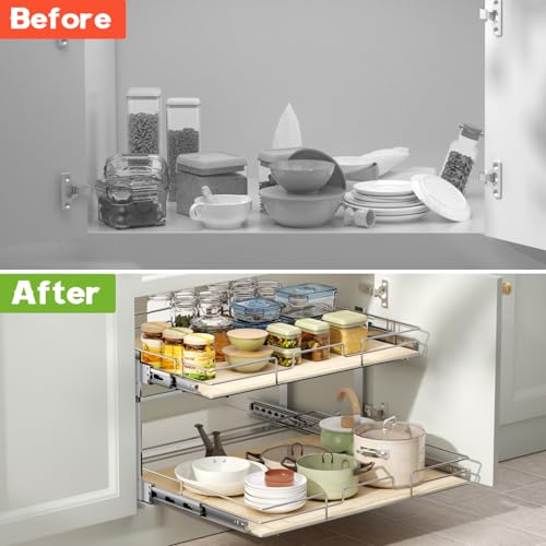 ROOMTEC 2 Tier Individual Pull Out Cabinet Organizer 25½"W x 21½"D, Slide Out Wood Shelves Organizers, Pull Out Drawers Organization and Storage for Kitchen Cabinet - size: 25½" W x 21½" D