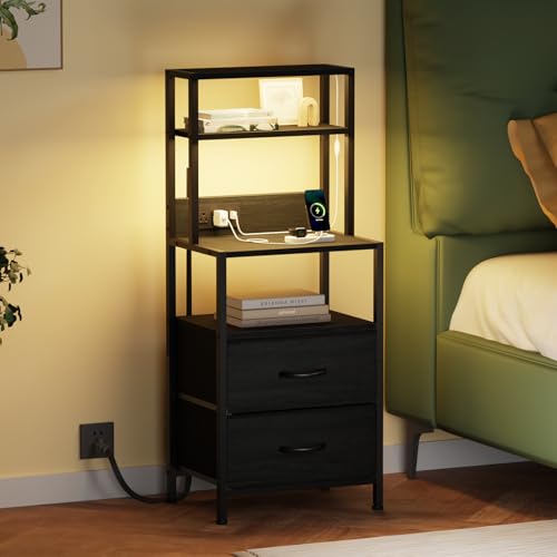 Furnulem Night Stand, Tall Nightstand with 4-Tier Shelves, 2 Fabric Drawers and Led Lights, Bed Side Tables with Charging Station, Bedside Table for Bedroom, Office, Black Oak | 4-Tier Shelves - color: Black Oak, size: 2 Drawer