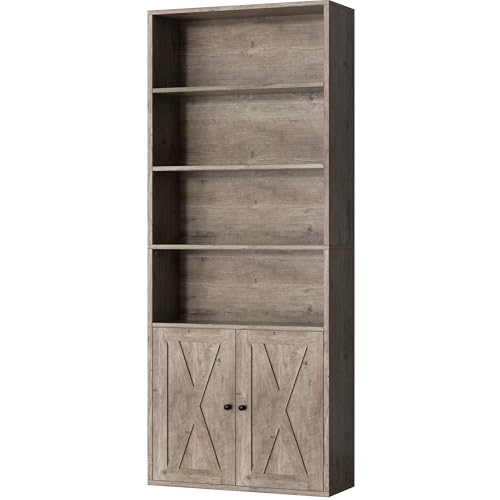 Shintenchi Bookshelf, Industrial Bookshelves and Bookcases with Doors Floor Standing 6 Shelf Display Storage Shelves 70.6 inches Tall Bookcase for Home Office, Living Room (Grey) - color: Grey