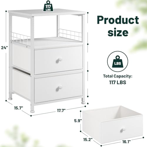 EnHomee 17.8" W Nightstand, End Table with Fabric Drawers and Open Wood Shelf Storage,Safety Netting on 2 Sides of Night Stand, Bedside Table with Metal Frame for Bedroom,Closet, Hallway,Dorm, White - color: White
