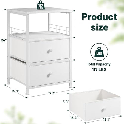 EnHomee 17.8" W Nightstand, End Table with Fabric Drawers and Open Wood Shelf Storage,Safety Netting on 2 Sides of Night Stand, Bedside Table with Metal Frame for Bedroom,Closet, Hallway,Dorm, White - color: White