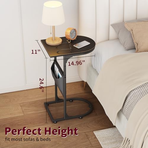 C Shaped End Table, Slide Under Small Side Table for Couch & Small Spaces | Wobble-Free C Table For Sofa, Black, Storage Bag, Sturdy Metal Frame, Wood Top, Living Room & Bedroom, 15-Min Quick Assembly - color: Classic Black