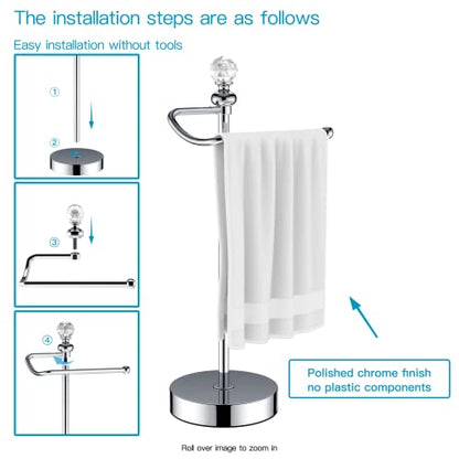 ROLABAM Bath Hand Towel Holder Standing, Stainless Steel Stable Free-Standing Towel Bar for Bathroom Kitchen Countertop, Rustic Towel Ring Stand with Crystal Ball 15.7” H (Polished Chrome, 2 Pack) - color: Polished Chrome-2pcs