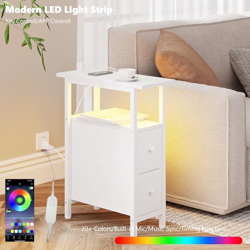 TRIFEBLE End Table with Charging Station, Narrow Side Table with 2 Fabric Drawers, Skinny Nightstand with LED Light, Slim Bedside Table for Bedroom, Living Room, Small Spaces, White