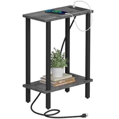 TUTOTAK Small End Table with Charging Station, Narrow Side Table with USB Ports and Outlets, Skinny Sofa Table, Slim Nightstand, Living Room, Bed Room, Charcoal Grey TB01BY060 - color: Charcoal Grey, size: 2-tier