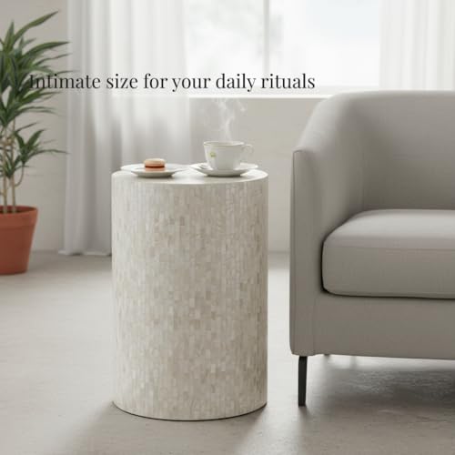 PEMAR Mother of Pearl Cylinder Drum End Table Nacre Side Stool Round Accent Table Coffee Bedside Nightstand and Vanity Stool 13" Diameter x 19.3" High Pearl White & Cream - color: Pearl White