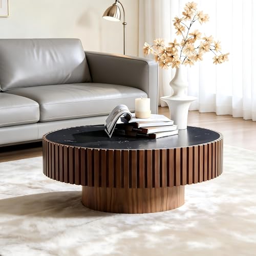 Round Coffee Table Walnut Ø35.43'' X 13.77''H Drum Coffee Tables Sintered Stone Tabletop for Living Room Small Space Fluted Circle Cocktail Tea Modern Center Apartment Home Furniture Easy Assembly - color: 35.43 Walnut Sintered