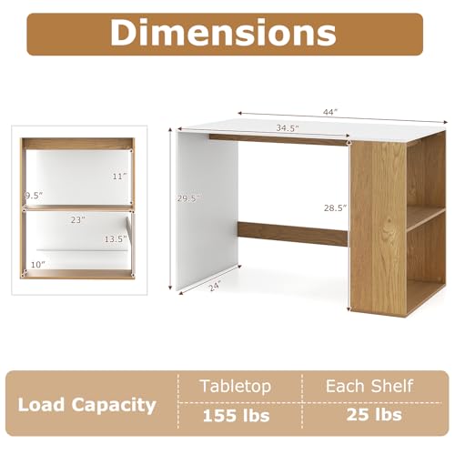 Giantex Small Desk with Bookshelf, 44 Inch Modern Computer Desk for Small Spaces, Laptop PC Desk, Vanity Table for Bedroom, Study Writing Desk for Home Office (White+Natural) - color: White+natural