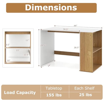Giantex Small Desk with Bookshelf, 44 Inch Modern Computer Desk for Small Spaces, Laptop PC Desk, Vanity Table for Bedroom, Study Writing Desk for Home Office (White+Natural) - color: White+natural