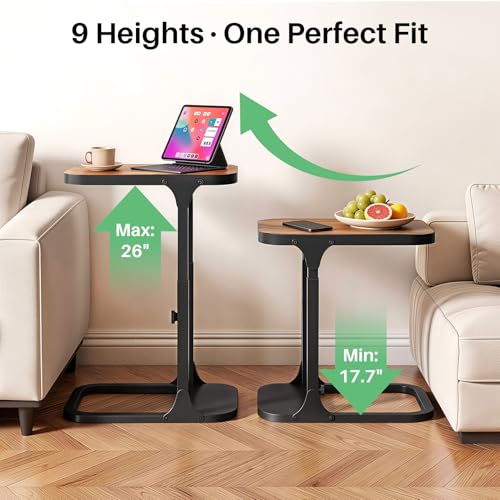 Kitstorack Ultra Stable & Durable End Table, Ajustable Height C Shaped Side Table for Couch, Sofa Side Table with Thickened Metal Frame for Living Room, Bedroom, Rustic - color: Brown