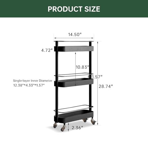Rolling Storage Cart, 3 Tier Bathroom Organizer Mobile Shelving Unit, Metal Utility Cart Tower Rack for Kitchen Laundry Narrow Places(Fully Assembled Furniture, Black) - color: Black