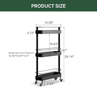 Rolling Storage Cart, 3 Tier Bathroom Organizer Mobile Shelving Unit, Metal Utility Cart Tower Rack for Kitchen Laundry Narrow Places(Fully Assembled Furniture, Black) - color: Black