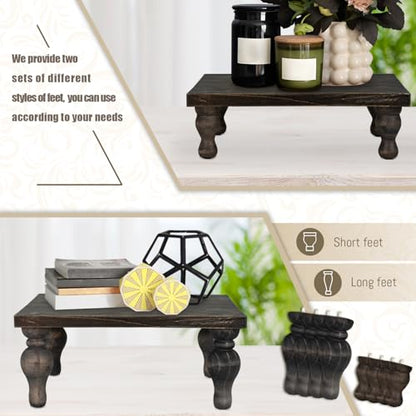 MAONAME Decorative Wooden Display Riser, Farmhouse Wood Pedestal Stand for Display, Rustic Washed Black Tray Riser for Kitchen, Home Table Decor, Short and Tall Footed