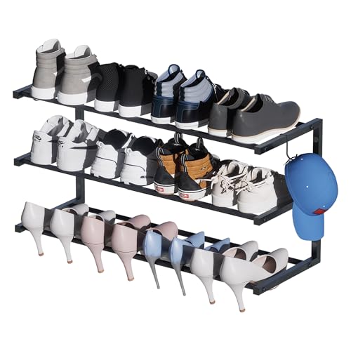 Wall Mounted Shoe Rack, 3 Tier Hanging Shoe Rack Holds 12 Pairs, 17"-30" Adjustable Heavy Duty Metal Shoe Organizer Holder with 2 Storage Hooks, Space Saving for Closet Entryway Doorway（Black - color: Black, size: 1 Pack