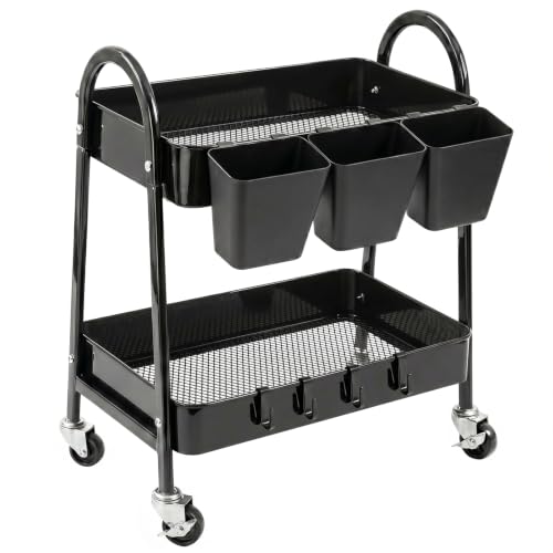 danpinera 2-Tier Rolling Cart, Utility Cart Mobile Metal Rolling Storage Cart with Lockable Wheels & Hanging Cups & Hooks for Kitchen, Bathroom, Office, Workshop - color: Black, size: Normal (2 tier)