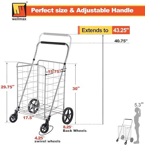 Wellmax Folding Grocery Cart with Wheels – Heavy Duty Utility Cart with Upgraded Steel Frame, Extra Large Basket, Adjustable Padded Handle, Swivel Front Wheels, Foldable Design, 90 lb Capacity - size: X-Large