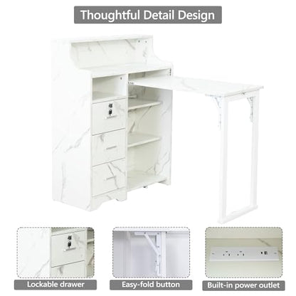 Fold Out Desk with Storage, Hidden Desk with Lockable Drawers & Shelves, Built-in Power Outlet,Folding Desk for Study and Home Office (Marble-Effect White) - color: Marble-effect White