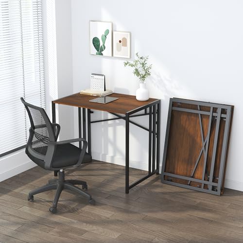 Lutown-Teen 32 inch Folding Small Desk, Writing Gaming Computer Camping Desk for Small Spaces, No Assembly Required Home Office Desk, Mahogany - color: Mahogany, size: 32 Inch