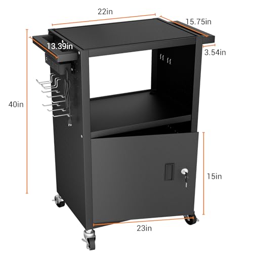 Mobile AV Cart with Push Handles, Heavy Duty Rolling Media Cart with Customized Pegboard & Hooks, Multipurpose Utility Cart with Extra Storage Space, 4 Outlets - size: Style 3 31.5Dx18Wx40H