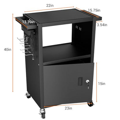 Mobile AV Cart with Push Handles, Heavy Duty Rolling Media Cart with Customized Pegboard & Hooks, Multipurpose Utility Cart with Extra Storage Space, 4 Outlets - size: Style 3 31.5Dx18Wx40H