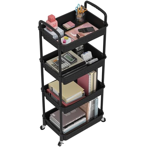 MOYIPIN 4-Tier Plastic Rolling Utility Cart with Handle, Utility Storage Cart for Office, Living Room, Kitchen, Movable Storage Organizer Shelves, Black - color: Black, size: 4-Tiers without cups