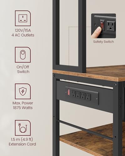 VASAGLE Bakers Rack with Charging Station, Coffee Bar, 15.7 x 31.5 x 71 Inches, Kitchen Microwave Stand, Adjustable Storage Shelves, Fabric Drawer, 12 Hooks, Rustic Brown and Ink Black UKKS015K01 - color: Rustic Brown + Ink Black, size: 15.7"D x 31.5"W
