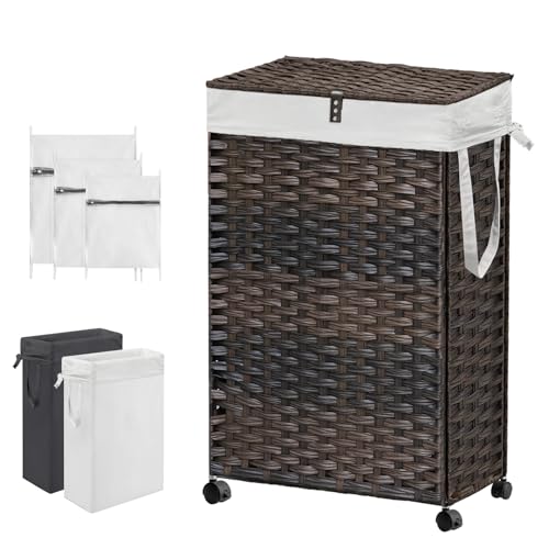 88L Slim Laundry Hamper with Wheels, 23.3 Gallon Rolling Laundry Basket with Lid, Tall and Narrow Laundry Hamper with 2 Removable Liner & 3 Mesh Bags, Laundry Sorter for Bathroom, Brown - color: Brown