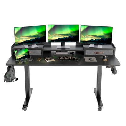 Claiks Standing Desk with Drawers, Adjustable Stand Up Electric Standing Desk Adjustable Height with Storage Shelf and Splice Board, 63 Inch, Black - color: Black, size: 63×23.6