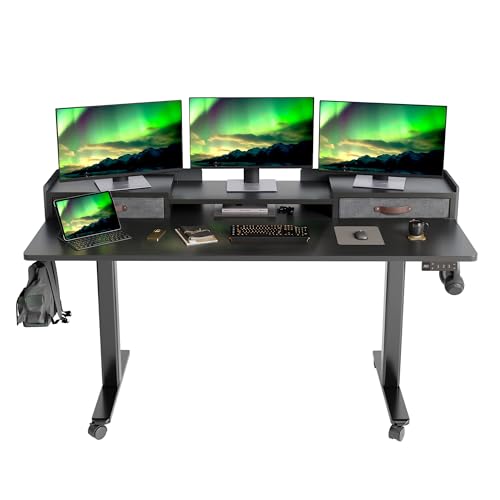 Claiks Standing Desk with Drawers, Adjustable Stand Up Electric Standing Desk Adjustable Height with Storage Shelf and Splice Board, 63 Inch, Black - color: Black, size: 63×23.6