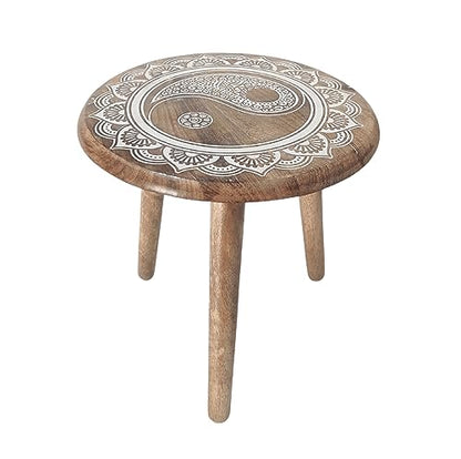 VANIYA CRAFTS® Wooden Engraved Fold-able Side Table/End Table/Plant Stand/Stool for Living Room Bedroom Restaurant Kids Play Furniture Table Round Shape (Natural White) - color: Natural White