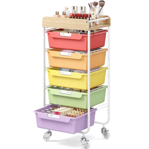 SYKIARIOL Utility Cart with 5 Labeling Drawers and Wooden Tabletop – Rolling Storage Cart for Crafters, Artists, Kids, Teachers, and Students – Organize Arts, Crafts, Sewing & Study Supplies - color: Jelly Bean Color, size: 5-Drawer
