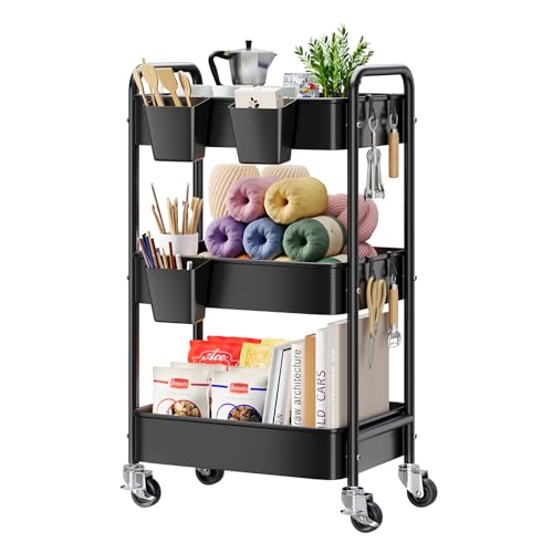 3 Tier Rolling Cart Metal with Wheels, Black Three Tiered Art Cart Organizer on Wheels, Storage Utility Trolley Carts for Kithcen, Craft, Nail, Lash, Makeup, Salon,Bedside, Bathroom, Office, Snack - color: Black 1