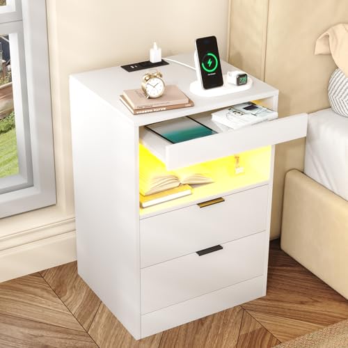 Gadroad LED Nightstand with Charging Station, Bedside Table with USB Ports & Power Outlets, Modern Night Stand with Drawers for Bedroom Small Spaces, White - color: White