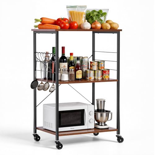 VEVOR Kitchen Utility Cart, 3 Tier 23.7 in Microwave Stand Coffee Cart, Heavy Duty Storage Rack, Service Trolley on Wheels, Industrial Rolling Work Table with 8 Hooks, for Mini Oven, Toaster, Vintage - size: 15.8"D x 23.7"W x 35.5"H Vintage