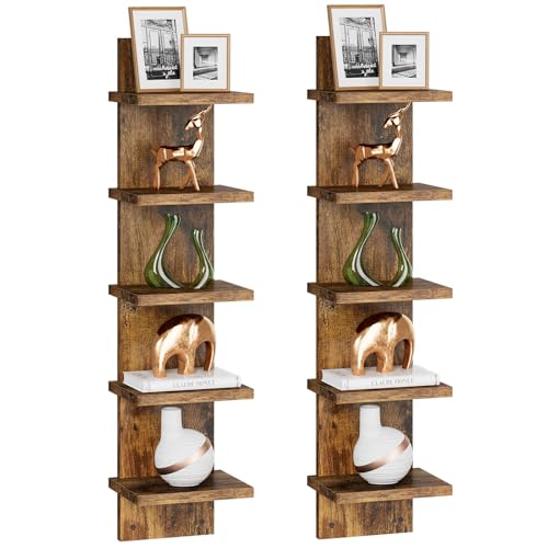 IBUYKE 5 Tier Wall Shelf Unit,Brown Vertical Shelf,Decorative Wall Mount Vertical Shelving for Home, Bedroom,Living Room,Office Decor WBC009H-2 - color: Rustic Brown, size: 5 Tier - 2P