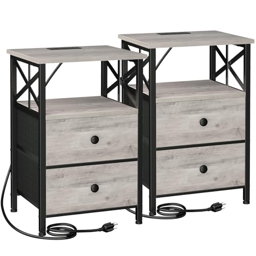 AMHANCIBLE Nightstands Set of 2, Large Night Stand with Charging Station | Bedside Table with 2 Fabric Drawers, End Side Tables Living Room, with Open Shelf, USB Ports Outlets, for Bedroom, Grey - color: Greige Black