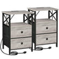 AMHANCIBLE Nightstands Set of 2, Large Night Stand with Charging Station | Bedside Table with 2 Fabric Drawers, End Side Tables Living Room, with Open Shelf, USB Ports Outlets, for Bedroom, Grey - color: Greige Black